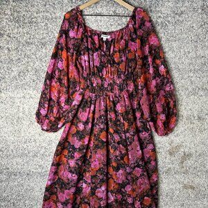 Steve Madden Dress Womens Small Pink Red Floral Puff Sleeve Smocked Midi Lined